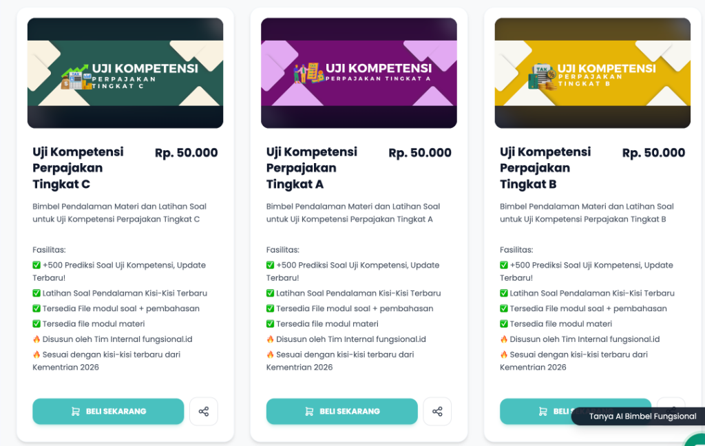 Screenshot Katalog Paket Soal Uji Kompetensi Perpajakan Tingkat A, B, C di bimbel.fungsional.id