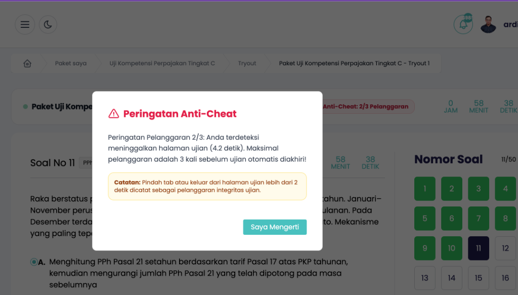 Peringatan Sistem Anti-Cheat Ujian UKP